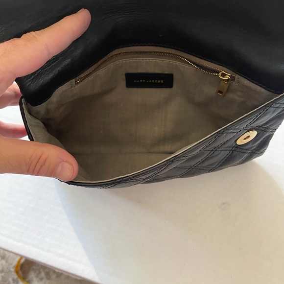 Marc Jacobs Eugenie Black Quilted leather fold over Clutch with Gold Clasp